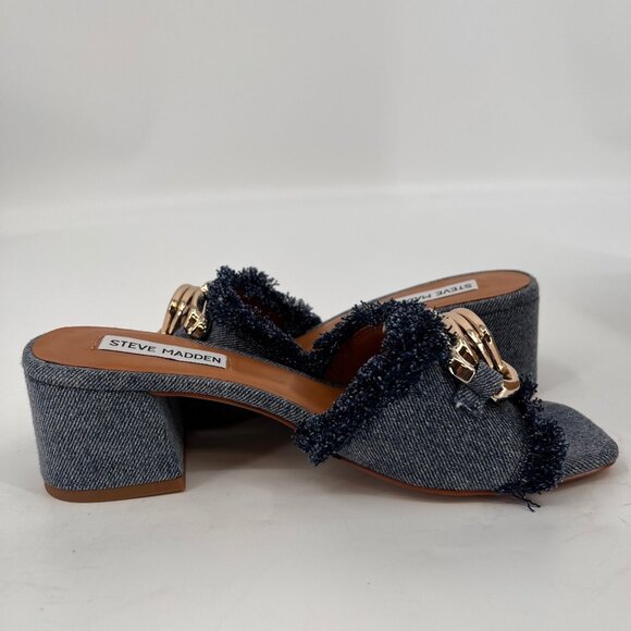 Steve Madden Santana Block Heel Sandals Size 6.5 Denim Frayed Strap Slip-On - Picture 11 of 15